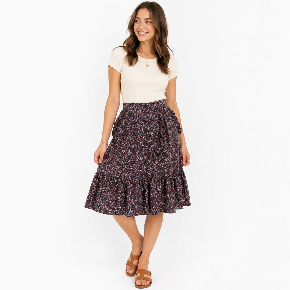 Vintage 1970s Floral Peasant Skirt Size XS Waist 26 Blue Floral Cotton Ruffle